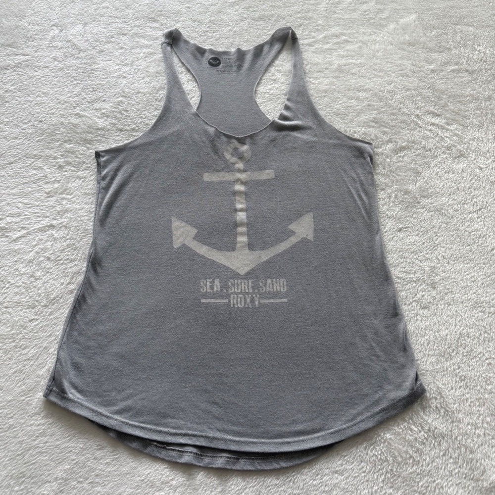 Roxy Anchor Tank Top Gray Racerback Sea Surf Sand Graphic Loose‎ Fit LG